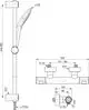 Brausethermostat von Ideal Standard mit Handbrause und Halterung, dargestellt in technischen Skizzen und Maßangaben für die Installation.